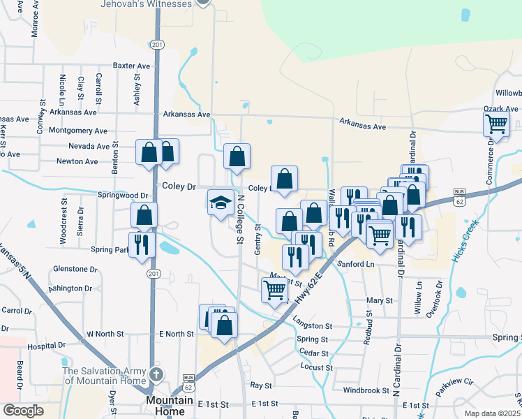 map of restaurants, bars, coffee shops, grocery stores, and more near 707 Gentry Street in Mountain Home