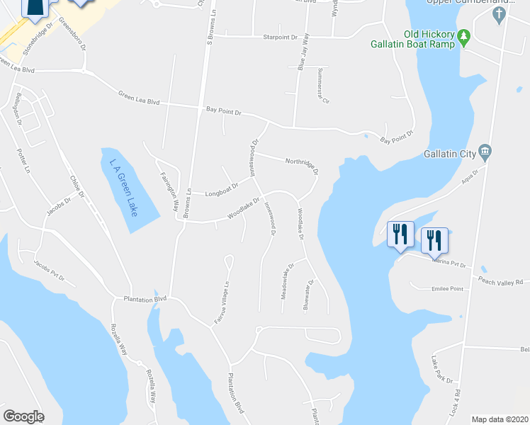 map of restaurants, bars, coffee shops, grocery stores, and more near 1104 Inneswood Drive in Gallatin