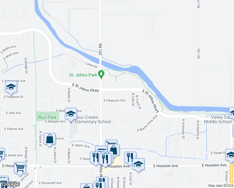 map of restaurants, bars, coffee shops, grocery stores, and more near 1401-1499 E Babcock Ave in Visalia