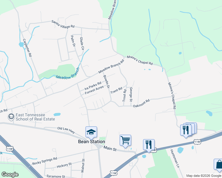 map of restaurants, bars, coffee shops, grocery stores, and more near 118 Bowlin Dr in Bean Station