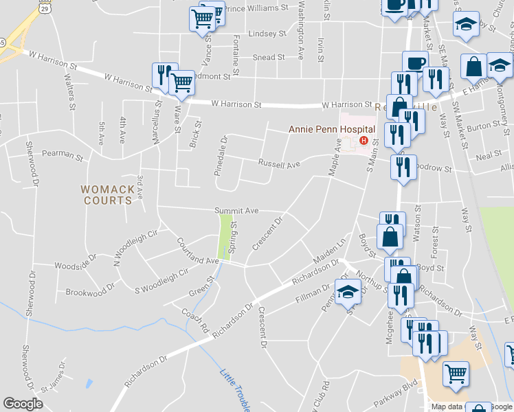 map of restaurants, bars, coffee shops, grocery stores, and more near 816 Summit Avenue in Reidsville