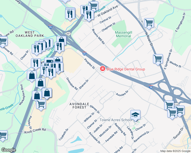 map of restaurants, bars, coffee shops, grocery stores, and more near 2781 Peoples Street in Johnson City