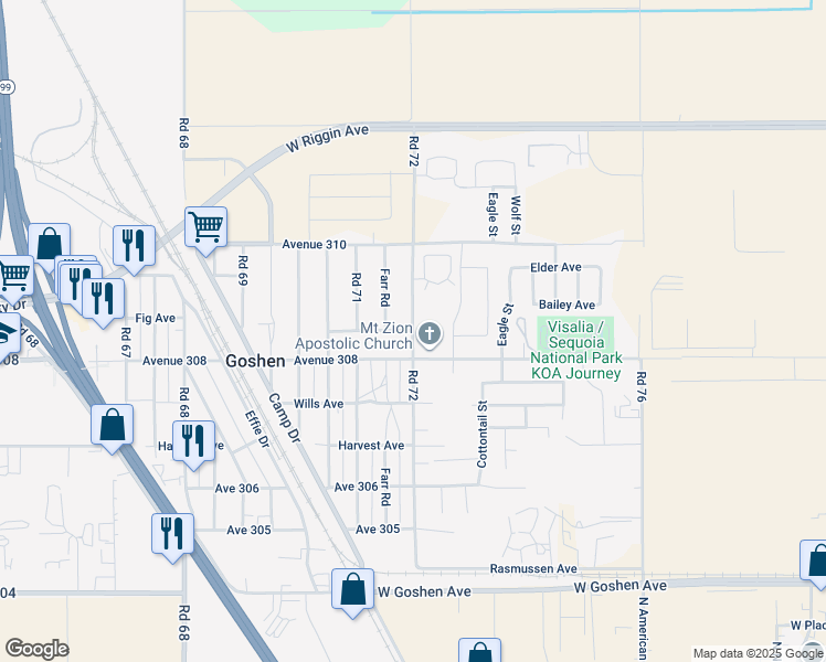 map of restaurants, bars, coffee shops, grocery stores, and more near 30850 Road 72 in Visalia