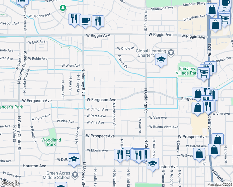 map of restaurants, bars, coffee shops, grocery stores, and more near 2202 North Divisadero Street in Visalia