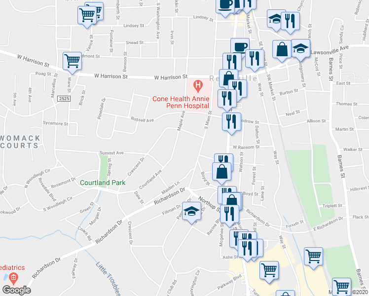 map of restaurants, bars, coffee shops, grocery stores, and more near 812 South Main Street in Reidsville