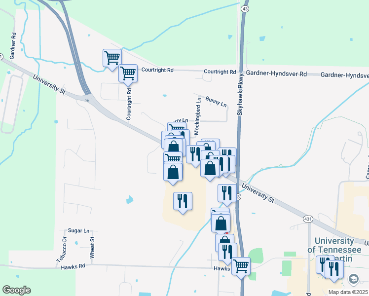 map of restaurants, bars, coffee shops, grocery stores, and more near 100-112 University Plaza Drive in Martin