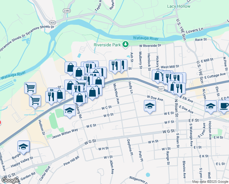 map of restaurants, bars, coffee shops, grocery stores, and more near 501 Washington Avenue in Elizabethton