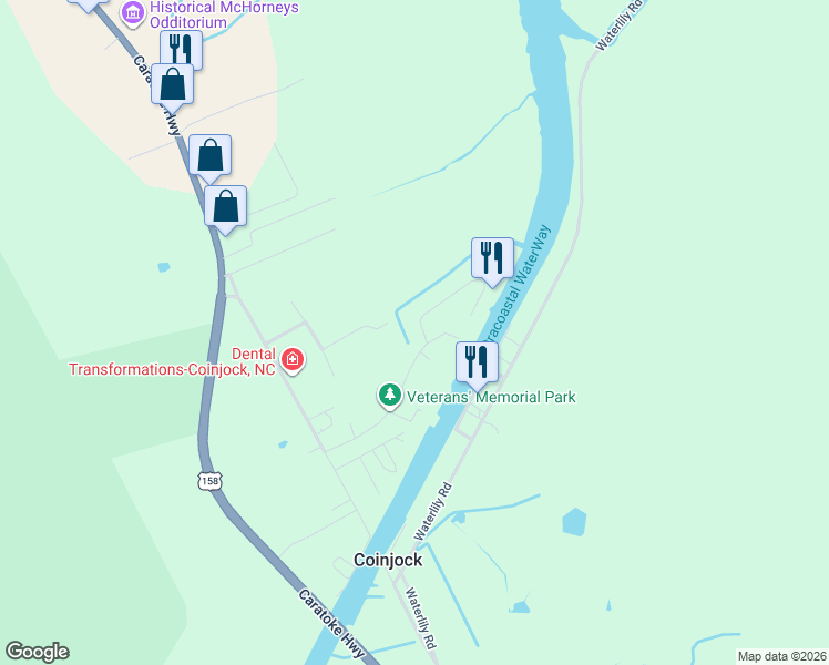 map of restaurants, bars, coffee shops, grocery stores, and more near 171-177 Coinjack Canal Rd in Currituck