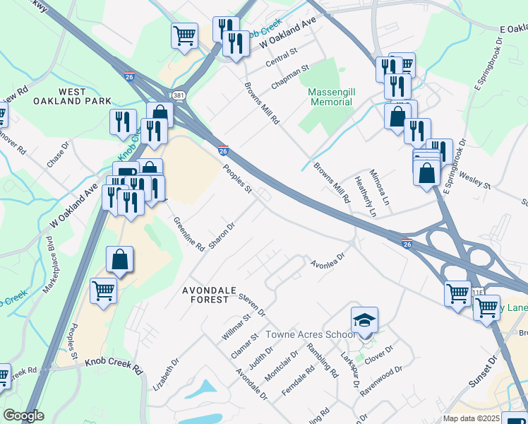 map of restaurants, bars, coffee shops, grocery stores, and more near 2679 People Street in Johnson City