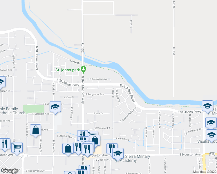 map of restaurants, bars, coffee shops, grocery stores, and more near 1630 Knight Court in Visalia
