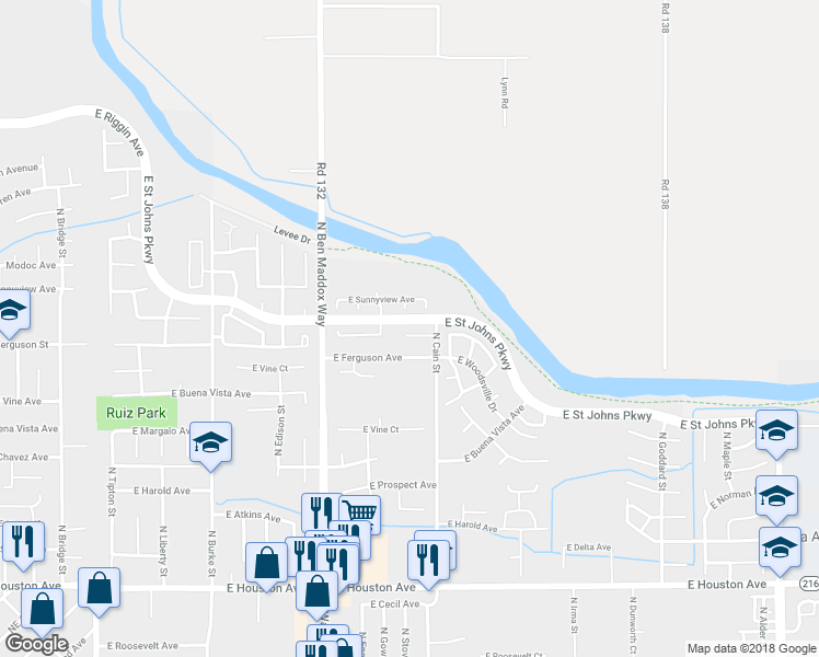 map of restaurants, bars, coffee shops, grocery stores, and more near 1618 East Knight Court in Visalia