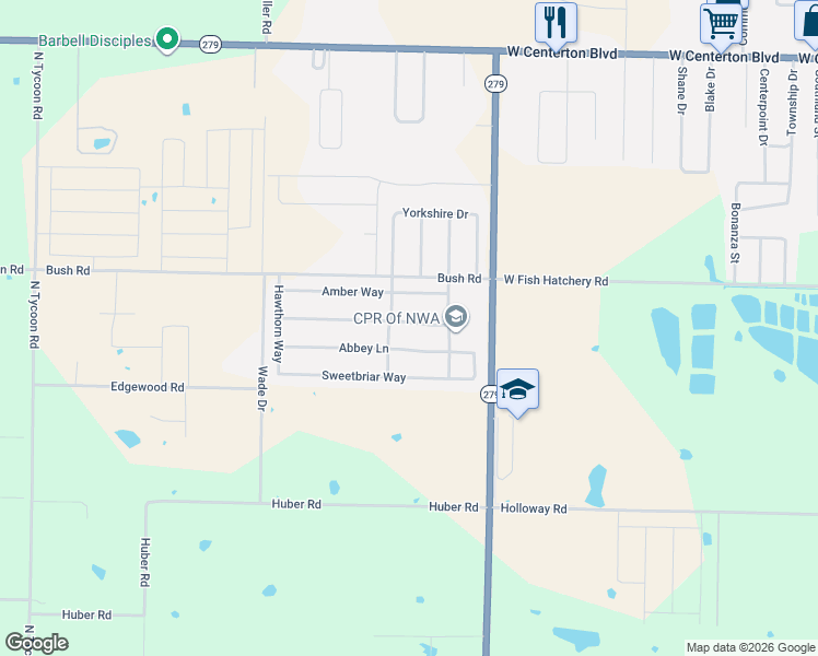map of restaurants, bars, coffee shops, grocery stores, and more near 1460 Abbey Lane in Centerton