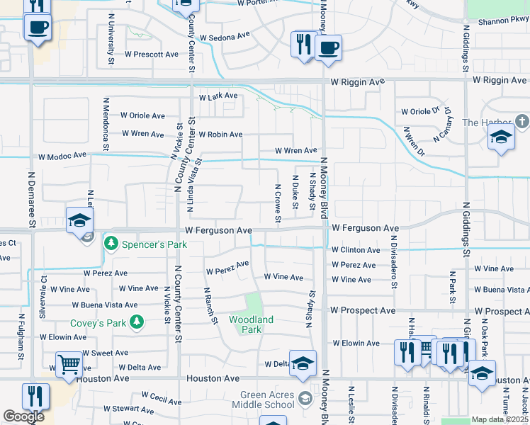 map of restaurants, bars, coffee shops, grocery stores, and more near 2209 North Crowe Street in Visalia