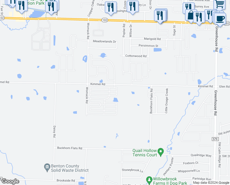 map of restaurants, bars, coffee shops, grocery stores, and more near 1121 Kimmel Road in Bentonville