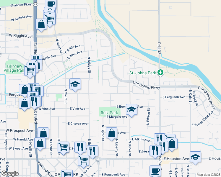 map of restaurants, bars, coffee shops, grocery stores, and more near 605 East Babcock Avenue in Visalia