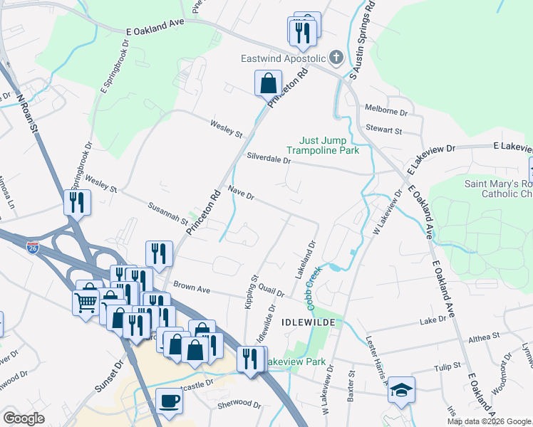 map of restaurants, bars, coffee shops, grocery stores, and more near 2219 Kipping Street in Johnson City