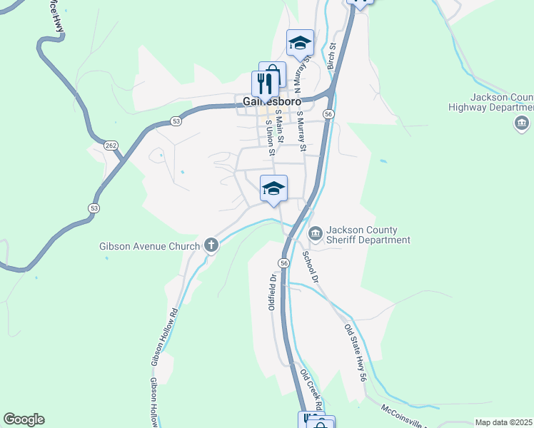 map of restaurants, bars, coffee shops, grocery stores, and more near 611 South Main Street in Gainesboro