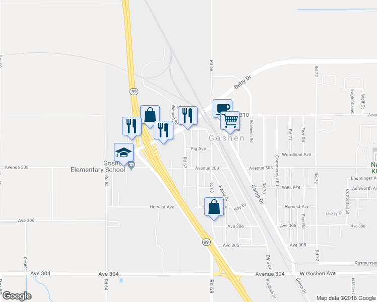 map of restaurants, bars, coffee shops, grocery stores, and more near 6707 Fig Avenue in Goshen