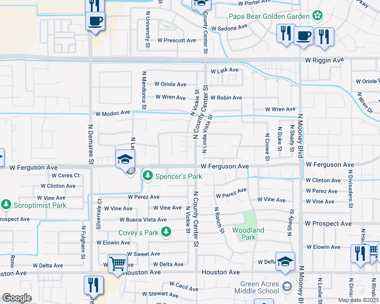 map of restaurants, bars, coffee shops, grocery stores, and more near 2340 Vickie Court in Visalia