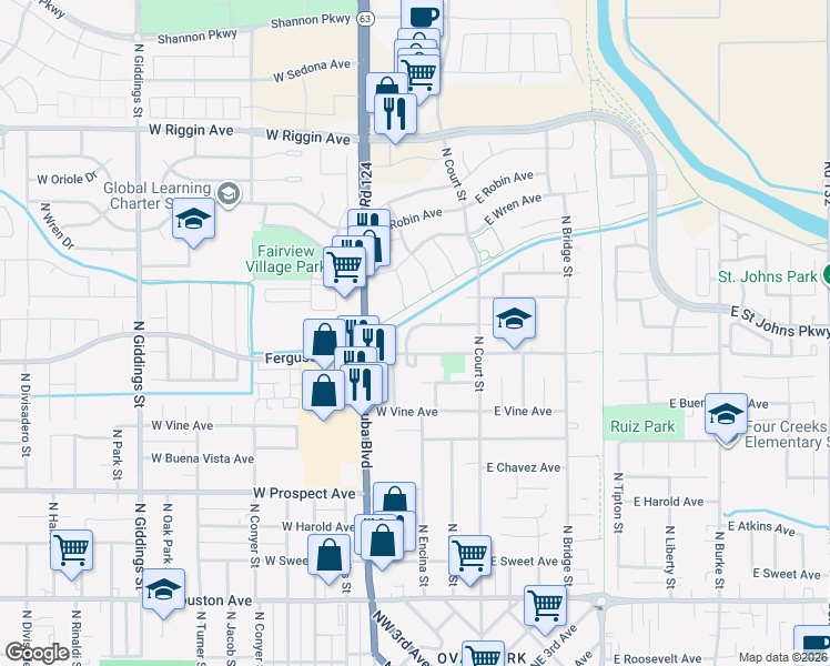 map of restaurants, bars, coffee shops, grocery stores, and more near 247 West Ferguson Avenue in Visalia