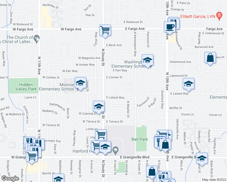 map of restaurants, bars, coffee shops, grocery stores, and more near 204 E Leland Way in Hanford