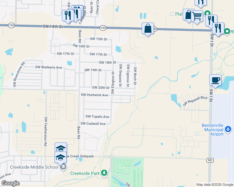 map of restaurants, bars, coffee shops, grocery stores, and more near 2100 Southwest Montana Avenue in Bentonville