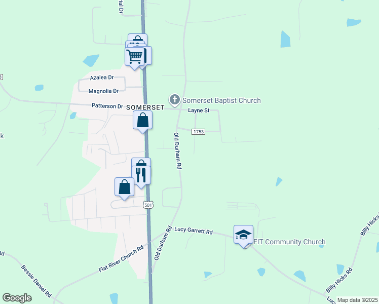 map of restaurants, bars, coffee shops, grocery stores, and more near 200 David Lane in Roxboro