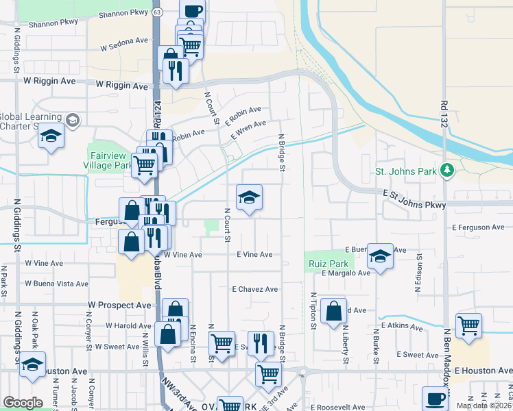 map of restaurants, bars, coffee shops, grocery stores, and more near 214 East Ferguson Street in Visalia