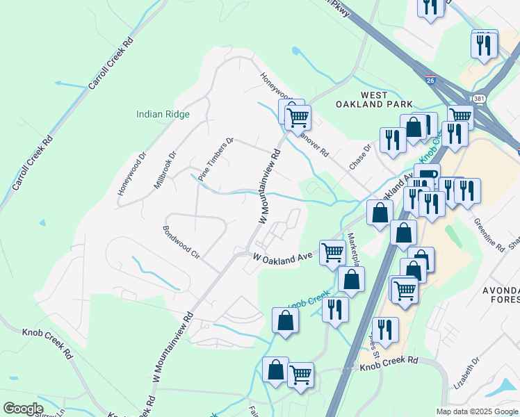 map of restaurants, bars, coffee shops, grocery stores, and more near 3 Flo Court in Johnson City
