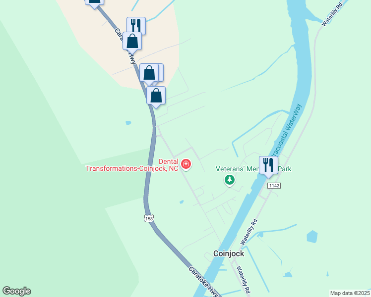 map of restaurants, bars, coffee shops, grocery stores, and more near 106 Meadow Ridge Lane in Coinjock