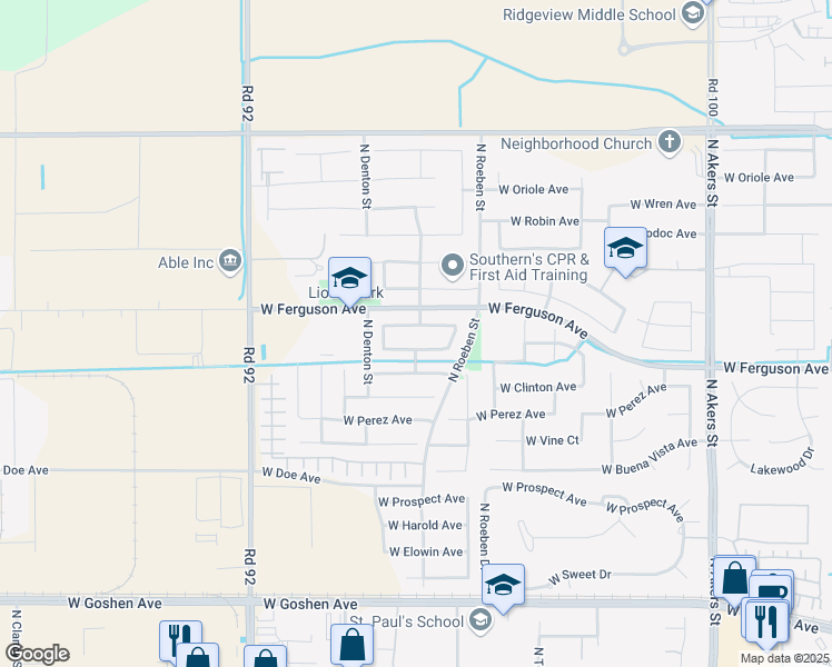 map of restaurants, bars, coffee shops, grocery stores, and more near 6303 West Thompson Avenue in Visalia