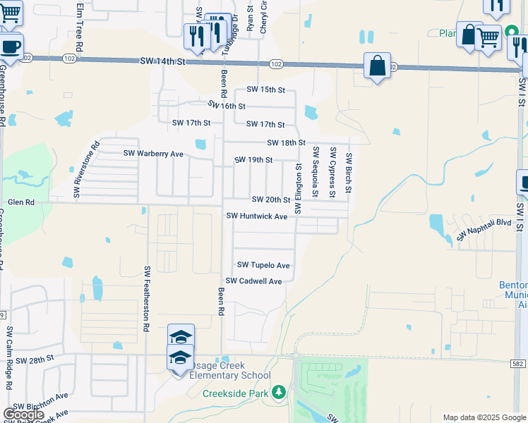 map of restaurants, bars, coffee shops, grocery stores, and more near 1915 Southwest Fremont Road in Bentonville