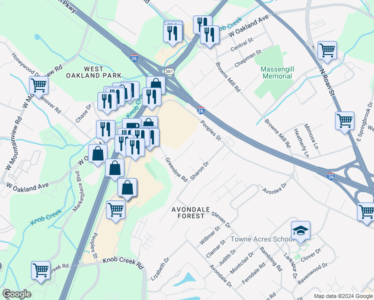 map of restaurants, bars, coffee shops, grocery stores, and more near 13 McGregor Place in Johnson City