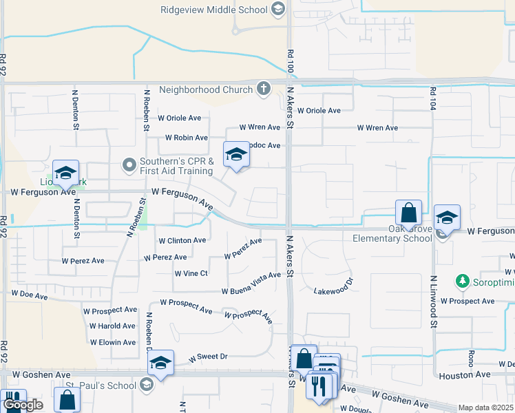 map of restaurants, bars, coffee shops, grocery stores, and more near 5441 Oakridge Avenue in Visalia