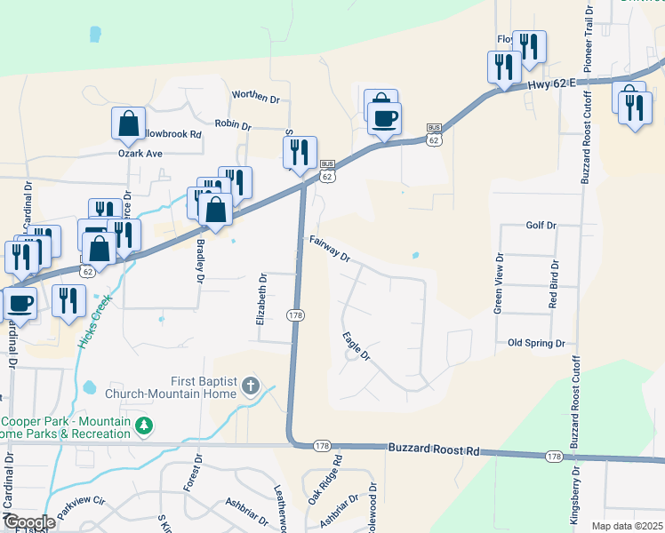 map of restaurants, bars, coffee shops, grocery stores, and more near 1713 Fairway Drive in Mountain Home