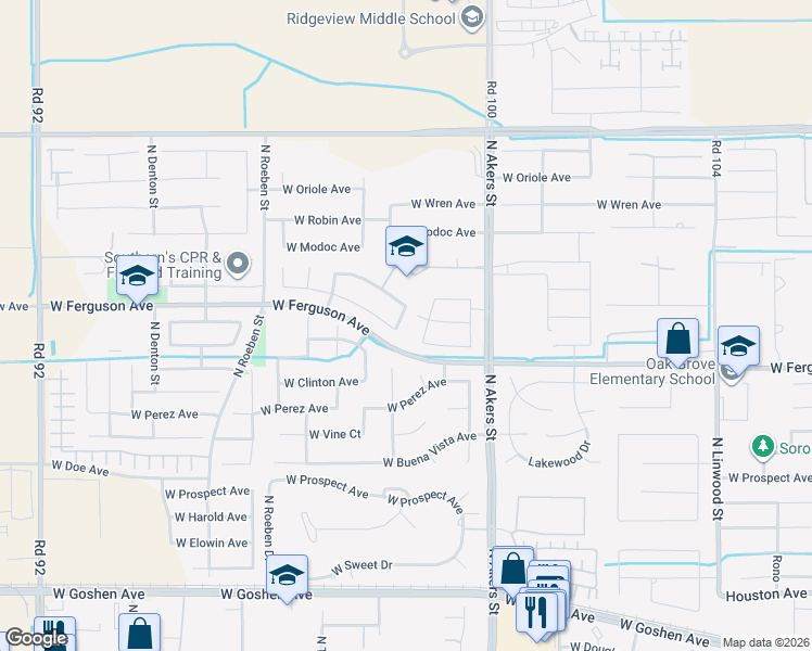 map of restaurants, bars, coffee shops, grocery stores, and more near 5611 West Sunnyview Avenue in Visalia