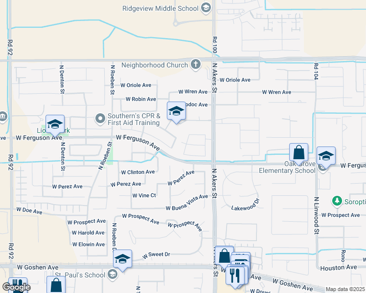 map of restaurants, bars, coffee shops, grocery stores, and more near 5515 West Sunnyview Avenue in Visalia