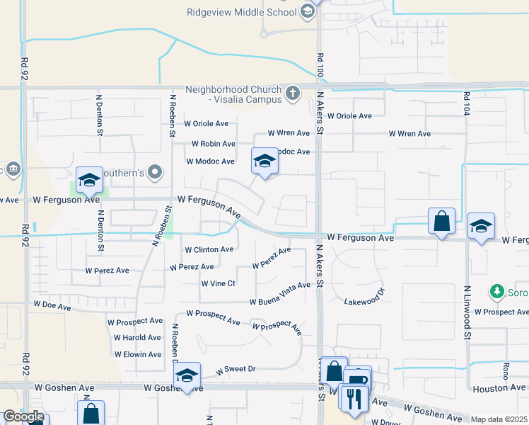 map of restaurants, bars, coffee shops, grocery stores, and more near 5611 West Sunnyview Avenue in Visalia