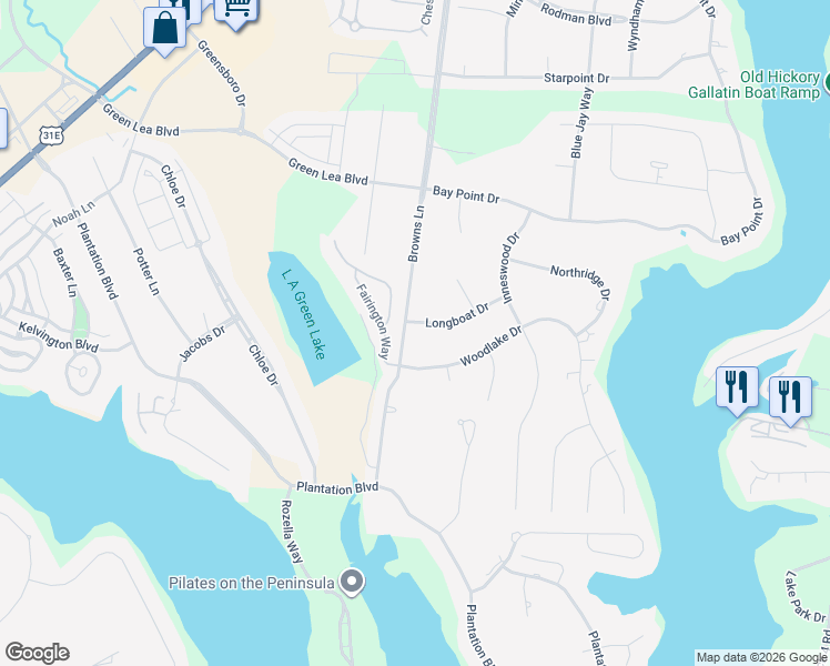 map of restaurants, bars, coffee shops, grocery stores, and more near 801 Longboat Drive in Gallatin