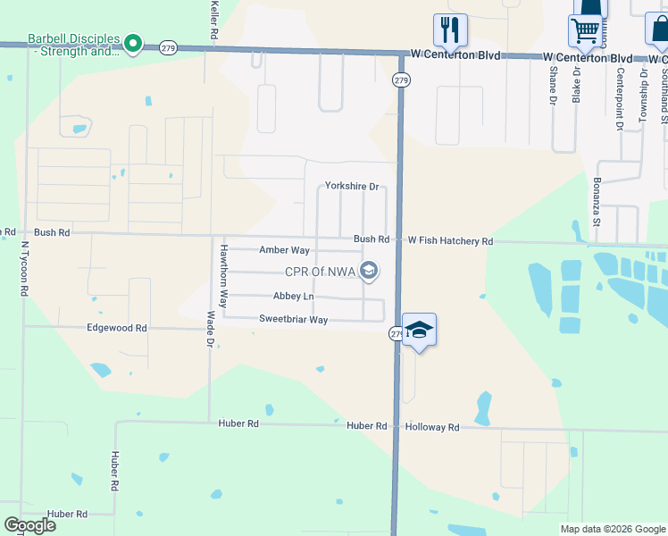 map of restaurants, bars, coffee shops, grocery stores, and more near 1441 Amber Way in Centerton