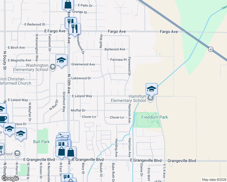 map of restaurants, bars, coffee shops, grocery stores, and more near 2156 Cottonwood Court in Hanford