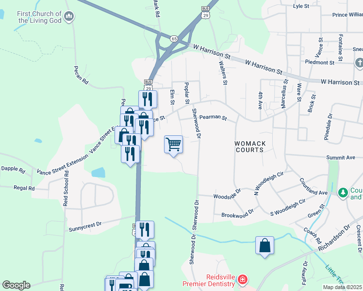 map of restaurants, bars, coffee shops, grocery stores, and more near 1202 Gunn Street in Reidsville