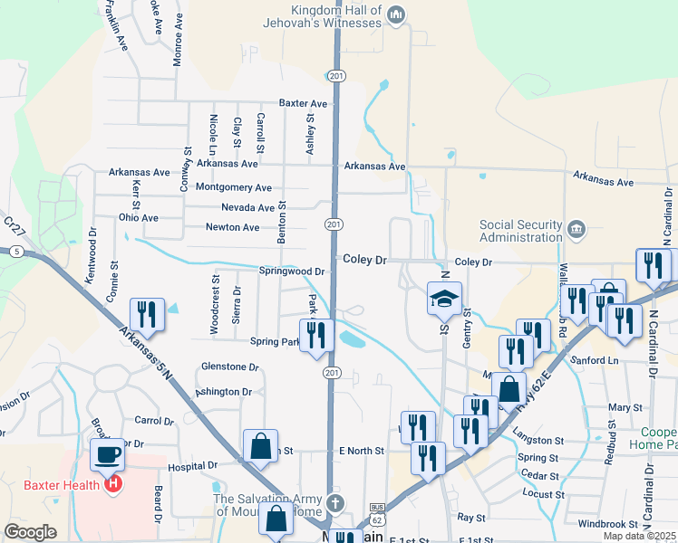 map of restaurants, bars, coffee shops, grocery stores, and more near 800 Arkansas 201 in Mountain Home