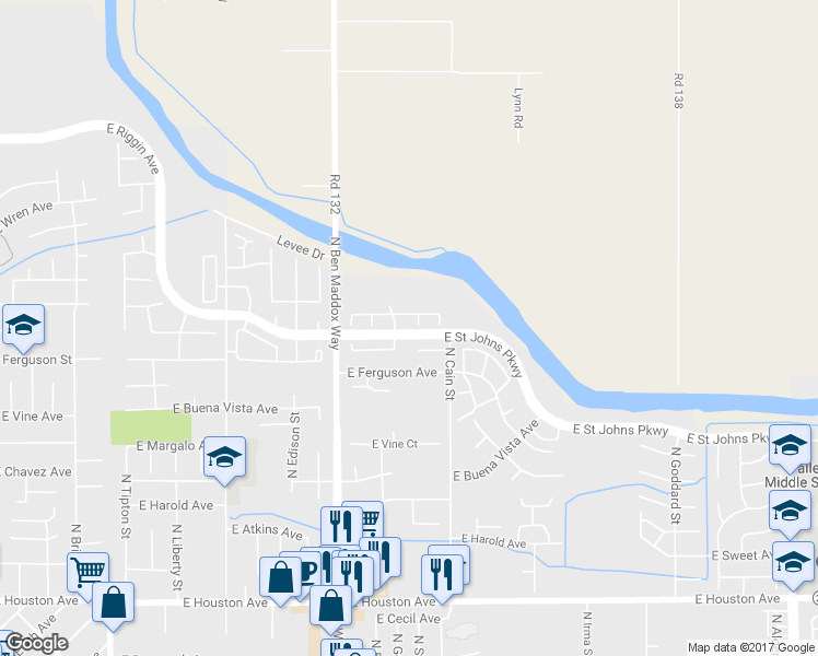 map of restaurants, bars, coffee shops, grocery stores, and more near 2315 Stover Court in Visalia