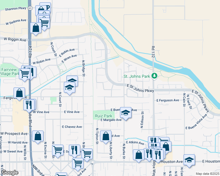 map of restaurants, bars, coffee shops, grocery stores, and more near 2624 East Saint Johns Parkway in Visalia