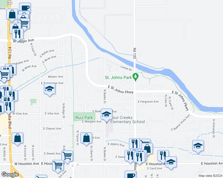 map of restaurants, bars, coffee shops, grocery stores, and more near 1002 East Babcock Avenue in Visalia