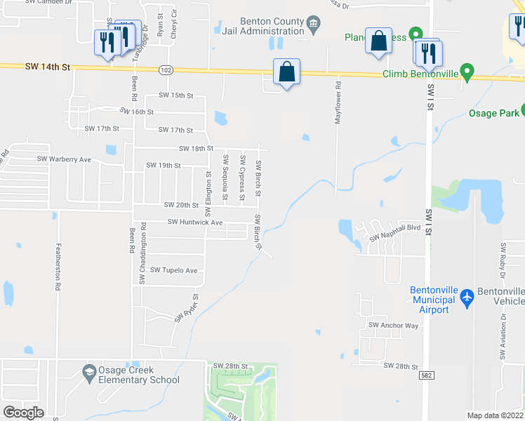 map of restaurants, bars, coffee shops, grocery stores, and more near 2005 Southwest Birch Street in Bentonville