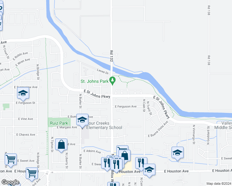 map of restaurants, bars, coffee shops, grocery stores, and more near 2200 North Sea Court in Visalia
