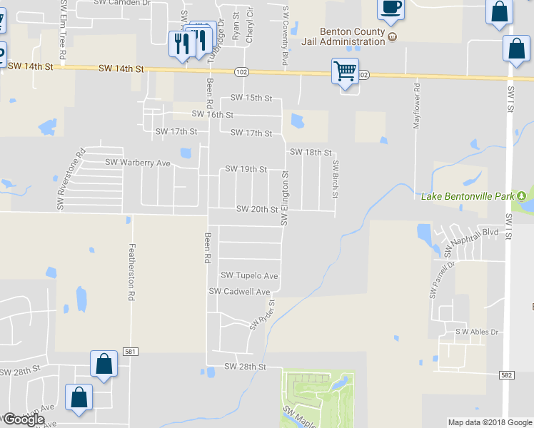 map of restaurants, bars, coffee shops, grocery stores, and more near 2301 Southwest 20th Street in Bentonville