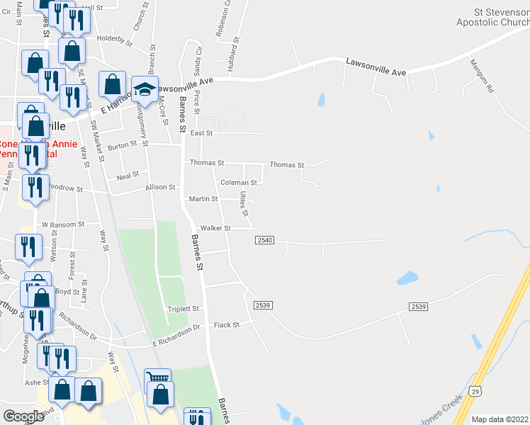 map of restaurants, bars, coffee shops, grocery stores, and more near 700 Walker St in Reidsville